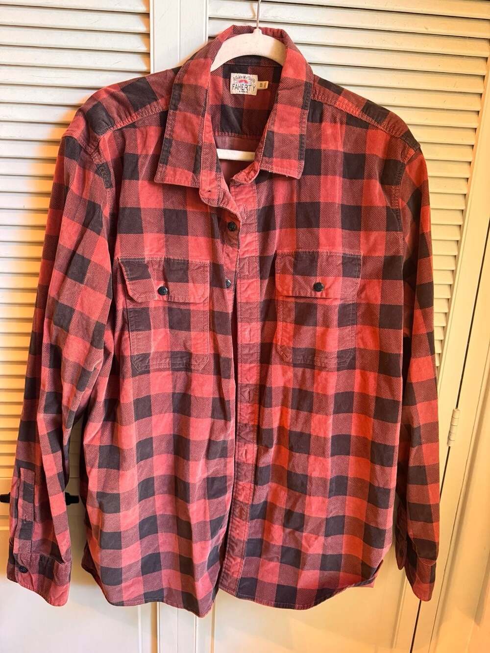 Faherty Brand Red Black Buffalo Plaid Corduroy Long Sleeve Button Up Shirt XXL